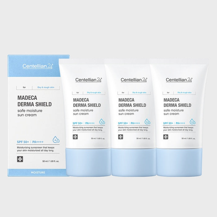 Centellian24 Madeca Derma Shield Safe Moisture Sunscreen 50ml (SPF50+) - 3 Pack, 24H UV Protection, Hydrating, Vegan Essence by Centellian24 - Available at allkpopmag. Price: $81.13.