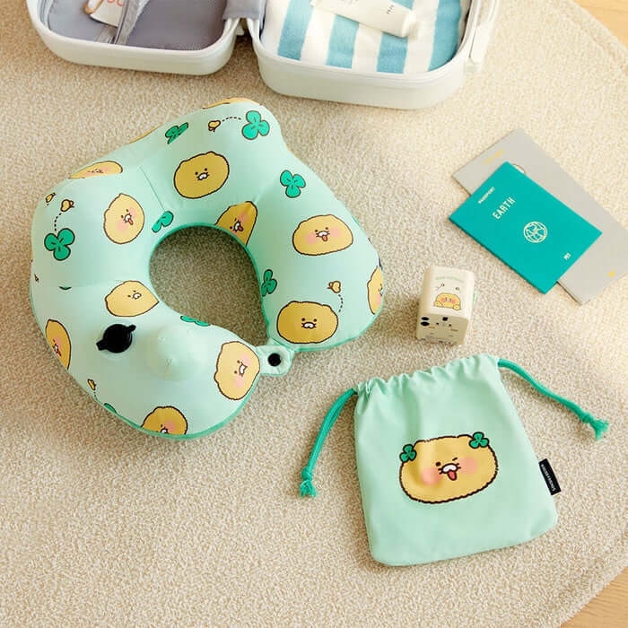 Compact Air Pump Neck Cushion & Pouch Set - Chunsikyi by Kakao Friends - Available at allkpopmag. Price: $37.62.