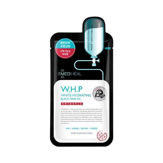 Single sheet of Mediheal W.H.P Whitening Hydrating Black Mask EX, a K-Beauty skincare product designed for hydration and brightening.