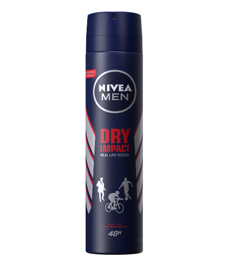 Alt text: Nivea Men Deodorant Spray 200ml in Dry Impact variant, designed for men's beauty and personal care.