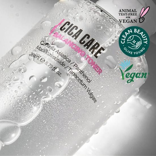 Alt text: Rovectin Cica Care Balancing Toner 260ml bottle, a soothing skincare product for balanced hydration, featured in K-Beauty collection.