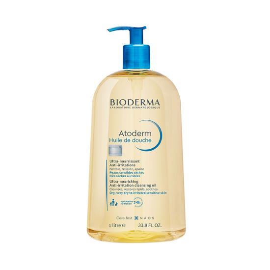 1L bottle of Bioderma Atoderm Shower Oil for body care, designed for gentle cleansing and hydration, suitable for sensitive skin.