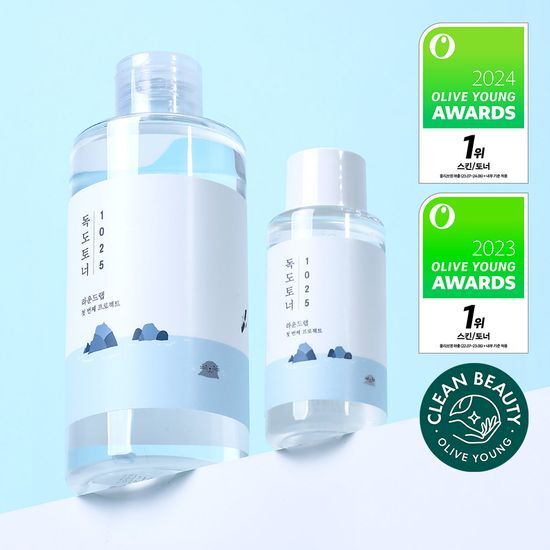 Round Lab 1025 Dokdo Toner 200ml with bonus 50ml, a K-Beauty skincare product designed for hydration and soothing, displayed in a sleek bottle.