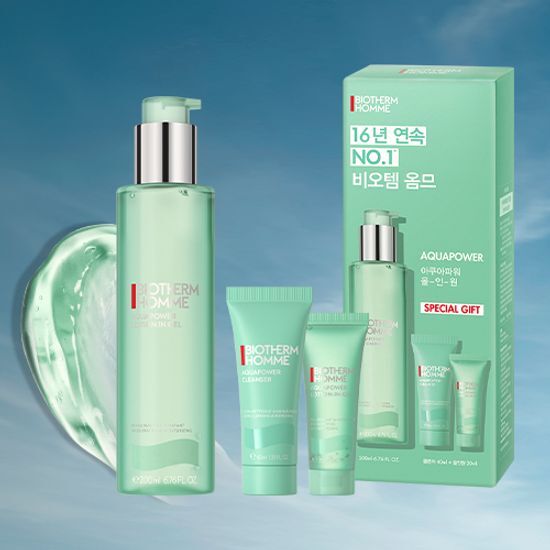 Alt text: Biotherm Homme Aquapower All-in-One Set featuring a 40ml cleanser and 20ml moisturizer, designed for men's skincare, promoting hydration and freshness.