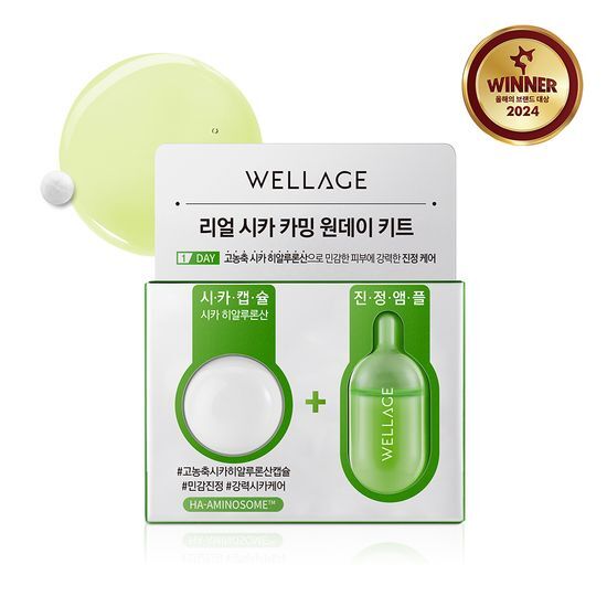 Wellage Real Cica Calming One-Day Kit - K-Beauty skincare product containing essences and serums for calming and soothing skin.