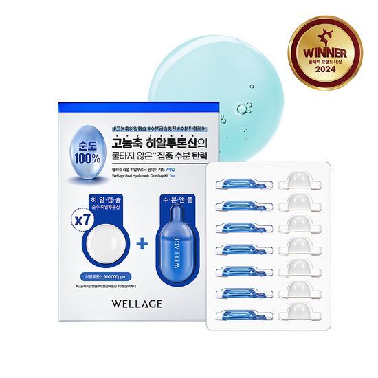 Wellage Real Hyaluronic One-Day Kit featuring 7 skincare pieces for K-Beauty enthusiasts, perfect for hydration and rejuvenation.