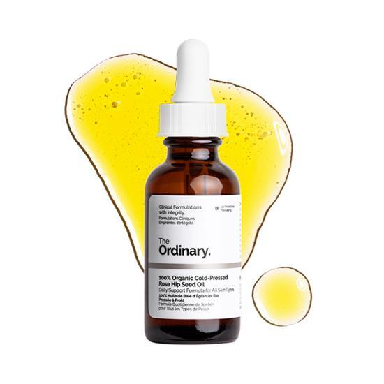 100% Organic Cold-Pressed Rose Hip Seed Oil by The Ordinary, 30ml bottle for skincare, ideal for nourishing and rejuvenating skin.