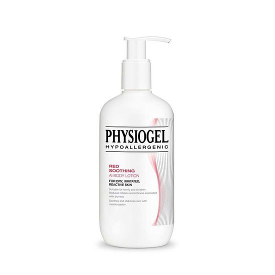 Alt text: Physiogel Red Soothing AI Body Lotion 400ml, a moisturizing body care product suitable for sensitive skin, featuring soothing ingredients for hydration and comfort.