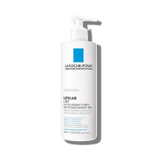 La Roche-Posay Lipikar Body Milk 400ml moisturizing body care product, ideal for sensitive skin, featuring a sleek bottle design.