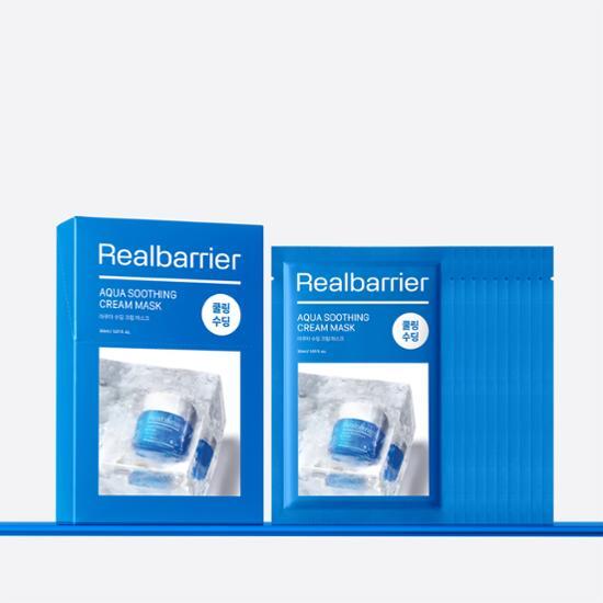 Real Barrier Aqua Soothing Cream Mask - 10 sheet skincare set for hydration and soothing, ideal for K-Beauty enthusiasts.