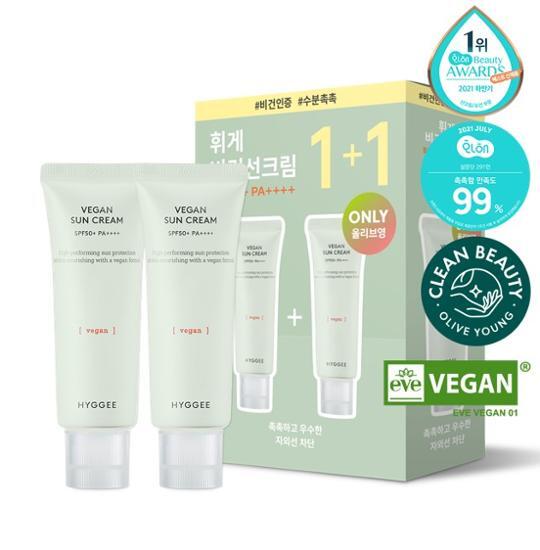 Set of Hygge Vegan Sunscreen featuring two 35ml tubes, ideal for sun protection in K-Beauty skincare routine.