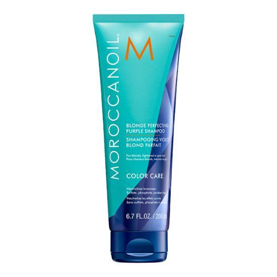 Moroccanoil Blonde Perfecting Purple Shampoo 200ml bottle designed for hair care, ideal for maintaining blonde tones and reducing brassiness.