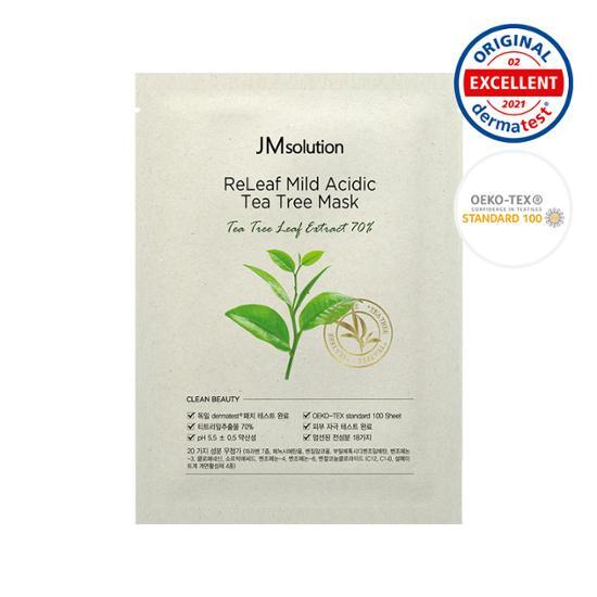 JM Solution Relief Mildly Acidic Tea Tree Mask - K-Beauty skincare sheet mask for soothing and refreshing skin.