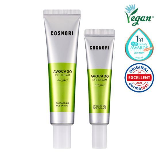 Cosnori Vegan Avocado Eye Cream set featuring a 30ml jar and a 15ml bonus size, promoting K-Beauty skincare and eye care.
