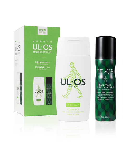 Alt text: Uruos Dry Skin Facial Care Set featuring Skin Milk 200ml and Face Wash 100g, designed for normal to combination skin, in a limited edition packaging. Perfect for K-Beauty skincare routines.