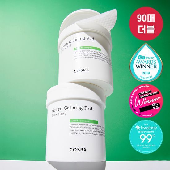 COSRX One Step Green Calming Pad Double Pack featuring 180 soothing skincare sheets for calming and revitalizing skin, ideal for K-Beauty routines.