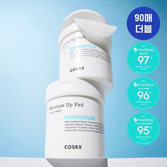 COSRX One Step Moisture Up Pad Double Pack featuring 180 skincare sheets for hydration, ideal for K-Beauty routines.