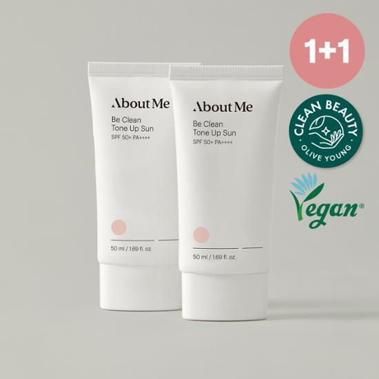 About Me B Clean Tone-Up Sunscreen 1+1 Set featuring two 50ml tubes, ideal for skincare and sun protection in K-Beauty routines.