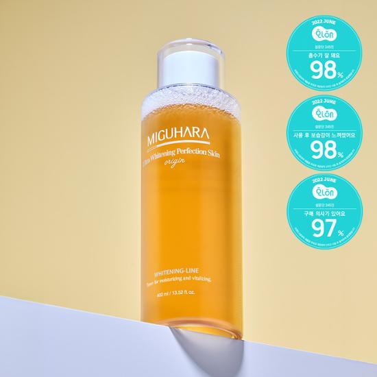 400ml bottle of MIGUHARA Ultra Whitening Perfection Skin Origin, a K-Beauty skincare toner designed for brightening and perfecting the skin.
