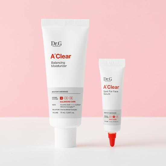 Dr.G A-Clear Balancing Moisturizer 70ml set with 10ml serum, featuring K-Beauty skincare for balanced hydration.