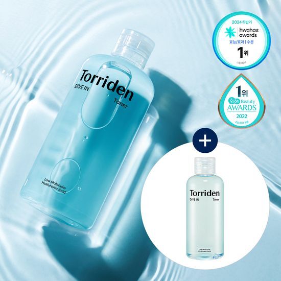 300ml Torriden Dive-In Low Molecular Hyaluronic Acid Toner with bonus 100ml included, ideal for K-Beauty skincare routines.