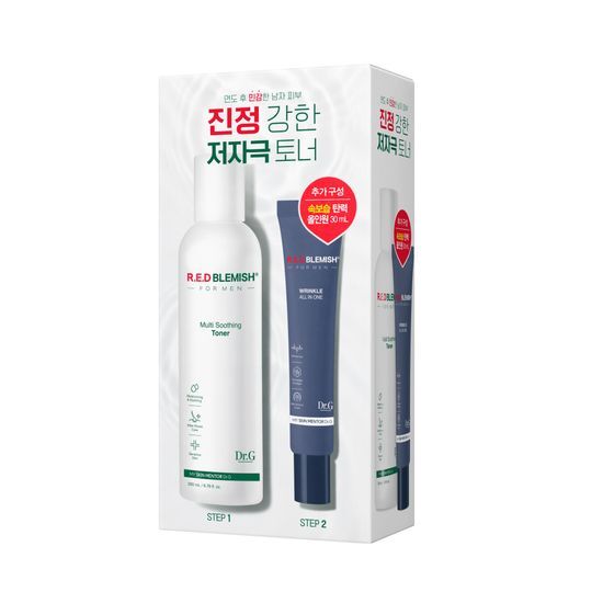 Dr.G Red Blemish Multi-Soothing Toner 200ml and Elastic All-in-One Cream 30ml set, designed for men's skincare, featuring K-Beauty hydration benefits.