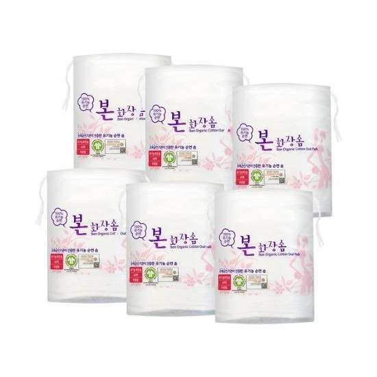 Pack of 6 Organic Cotton Oval Makeup Pads, 40 pieces each, ideal for K-Beauty skincare routines and gentle cosmetic application.