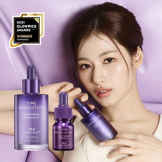Missha Time Revolution Night Repair Ampoule 5X Special Set showcasing a 70ml and a 10ml bottle, perfect for enhancing skincare routines with K-Beauty essences and serums.