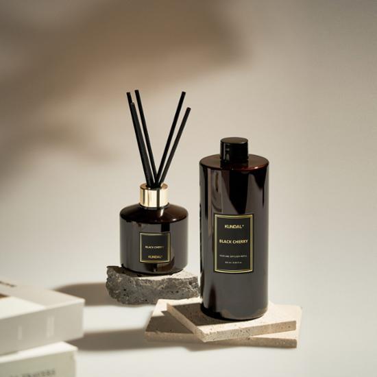 Set of 2 Kundal Perfume Diffuser Refills in Black Cherry scent, 500ml each, designed for enhancing home fragrance.