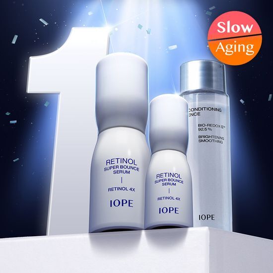IOPE Retinol Super Bounce Serum 30ml Set featuring a 30ml serum, a bonus 10ml serum, and a 48ml bio essence, perfect for K-Beauty skincare routines.