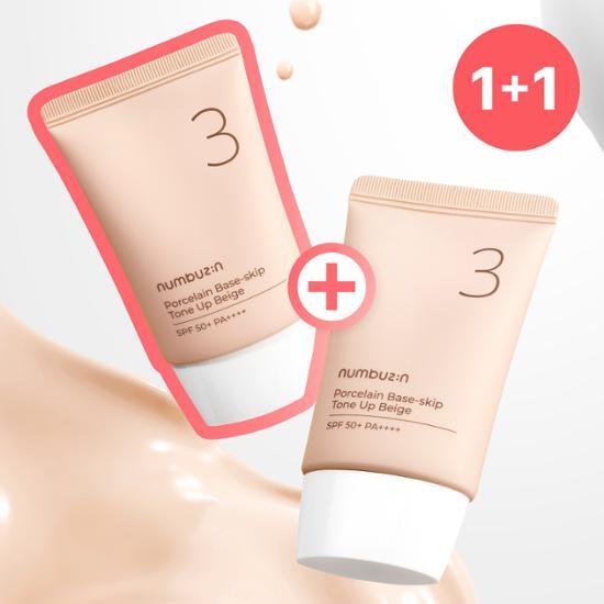 Numbers In No. 3 Ceramic Finish Foundation in Skip Tone-Up Beige, 35ml, SPF50+ PA+++, K-Beauty skincare product for sun protection.
