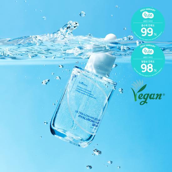Isntree Ultra Low Molecular Hyaluronic Acid Serum 50ml bottle, a K-Beauty skincare product designed for deep hydration and moisture retention.