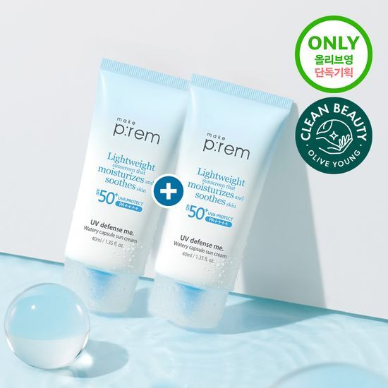 Makeprem UV Defense Me Watery Capsule Sunscreen 40ml, K-Beauty skincare product for effective sun protection.