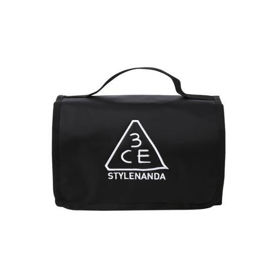 3CE Black Wash Bag in sleek black design, perfect for storing beauty tools and cosmetics, ideal for K-Beauty enthusiasts.