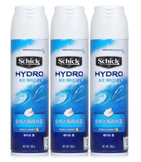 Schick Hydro Shave Foam 250g pack of 3, a men's beauty shaving product for a smooth and comfortable shave.