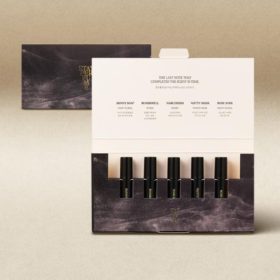 Set of five 1.8ml MOMCHIT Stay Perfumes in elegant packaging, showcasing K-Beauty fragrance collection.