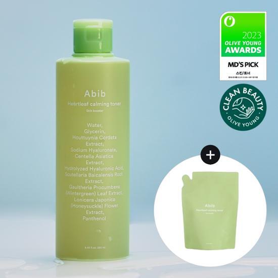 Abib Mugwort Calming Toner Skin Booster 250ml with refill, designed for soothing and revitalizing skin, ideal for K-Beauty enthusiasts.