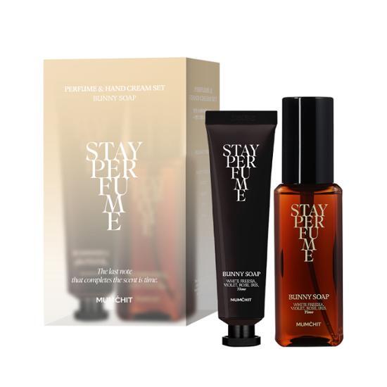 Momchit Stay Perfume 80ml Gift Set featuring Bombshell scent with a complimentary 30ml hand cream and choice of Bunny Soap, perfect for K-Beauty enthusiasts.