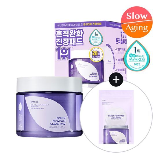 Isntree Onion New Pair Clear Pad - 60 skincare sheets with an additional 20 sheets refill gift, designed for K-Beauty enthusiasts.