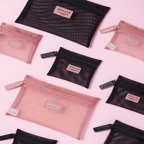 Vanillico Mesh Pouch Set in pink and black, perfect for organizing beauty tools and cosmetics, featuring K-Beauty style and BANILA CO branding.