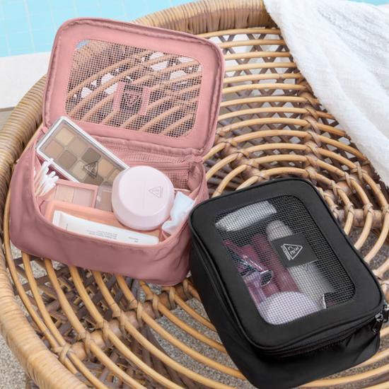 Alt text: 3CE To Go Pouch in Pink Beige and Black, a stylish and functional beauty tool for K-Beauty enthusiasts, perfect for organizing cosmetics and accessories.