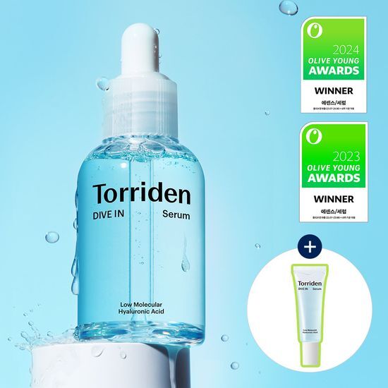 Torriden Dive-In Low Molecular Weight Hyaluronic Acid Serum 70ml with 10ml bonus serum, a hydrating skincare product from K-Beauty, featured in a sleek bottle.