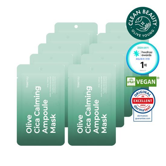 Prime A Olive Cica Calming Ampoule Mask - 10 sheets, K-Beauty skincare mask for soothing and calming the skin.