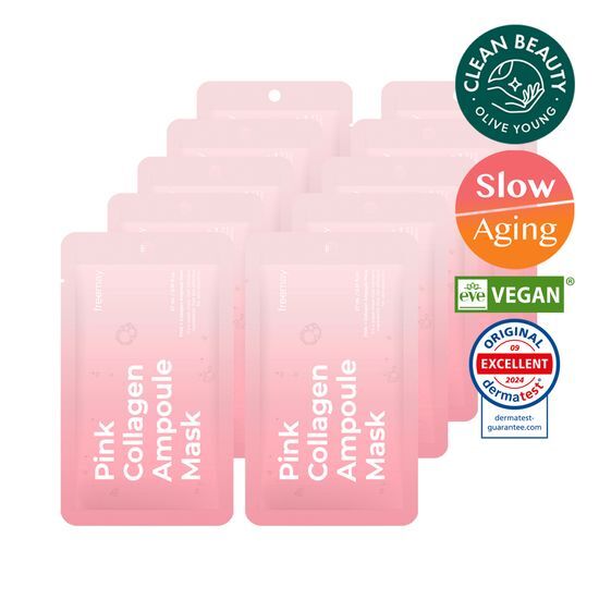 Alt text: Prime A Pink Collagen Ampoule Mask - 10 sheets for rejuvenating skincare, part of K-Beauty collection by PRETTY FREAK.