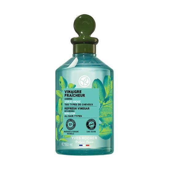 Yves Rocher Moringa Refreshing Hair Vinegar 150ml bottle, a hair care product designed to enhance shine and refresh hair, featuring K-Beauty branding.
