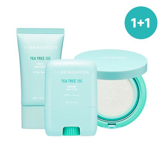 Alt text: Bring Green Tea Tree Cica Sun Set - A skincare sun cushion featuring tea tree extract for tone-up benefits, ideal for sun protection. K-Beauty product.