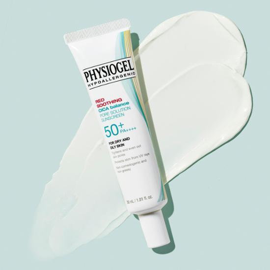Alt text: Physiogel Cica Balance Pore Solution Sunscreen 30ml - K-Beauty skincare product for sun protection and pore care.