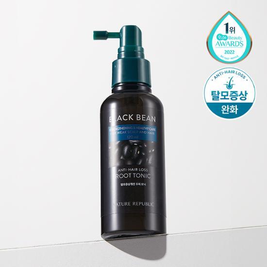 Alt text: Nature Republic Black Bean Scalp Tonic for Hair Loss Improvement - 120ml bottle, a K-Beauty hair care product designed to enhance scalp health and promote hair growth.