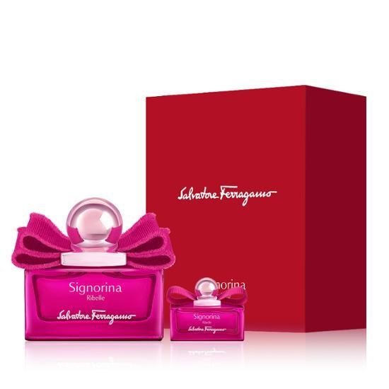 Salvatore Ferragamo Signorina Rebel Eau de Parfum 30ml set with a 5ml miniature, showcasing a stylish fragrance gift set for women.
