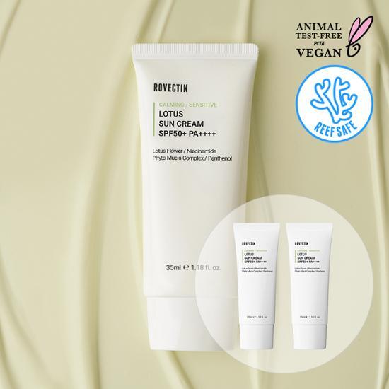 Rovectin Calming Lotus Water Sunscreen 35ml 1+1 Set - K-Beauty skincare product for sun protection, featuring soothing lotus water.